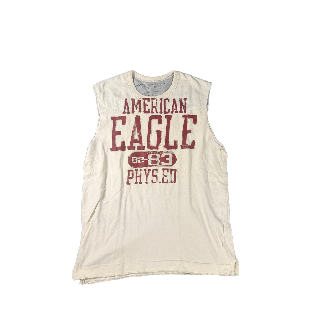 American Eagle Mens Muscle Tank Top Cream Y2K Phys Ed Graphic Distressed Medium